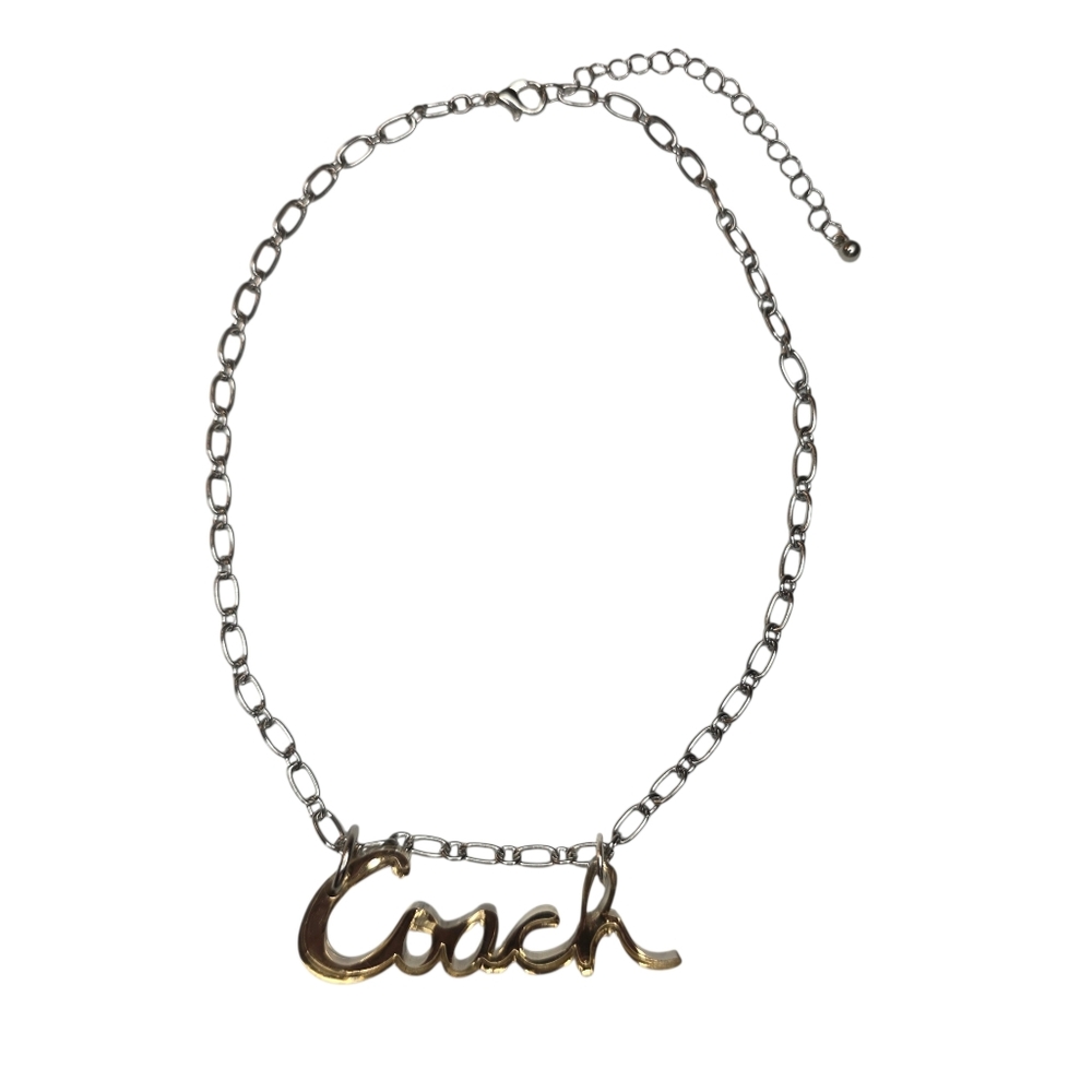Coach Poppy Cursive Logo Nameplate Acrylic Gold Pendant On Silver Chain Necklace - Picture 4 of 8